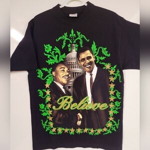 MLK And Barack Obama “Believe” Graphic Black Tee, Pro Power Deluxe Cotton, Large